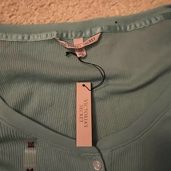 Victoria Secret Pajama Shirt Top Green Long Sleeve Ribbed, sz M - Picture 4 of 8